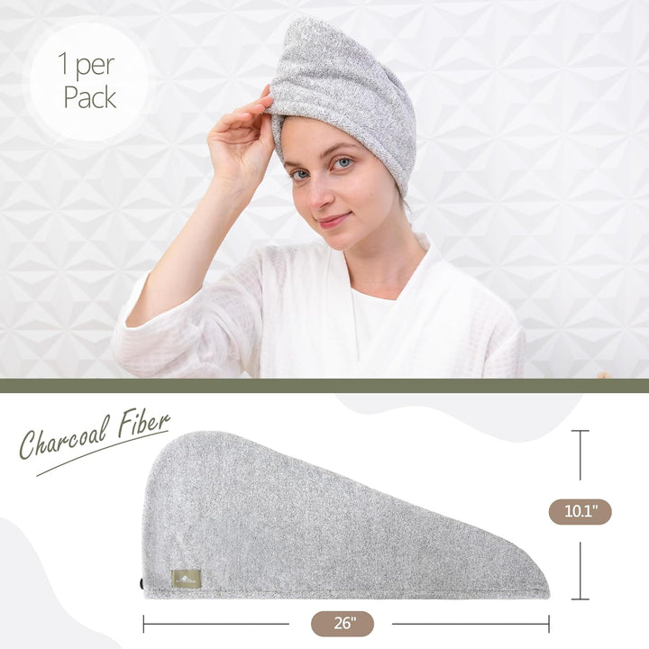 Hair Towel Wrap, Luxury Rapid-Dry Hair-Drying Turban, Ultra Soft and Quick Drying Absorbent Charcoal Fiber, with Coconut Shell Button - Gray