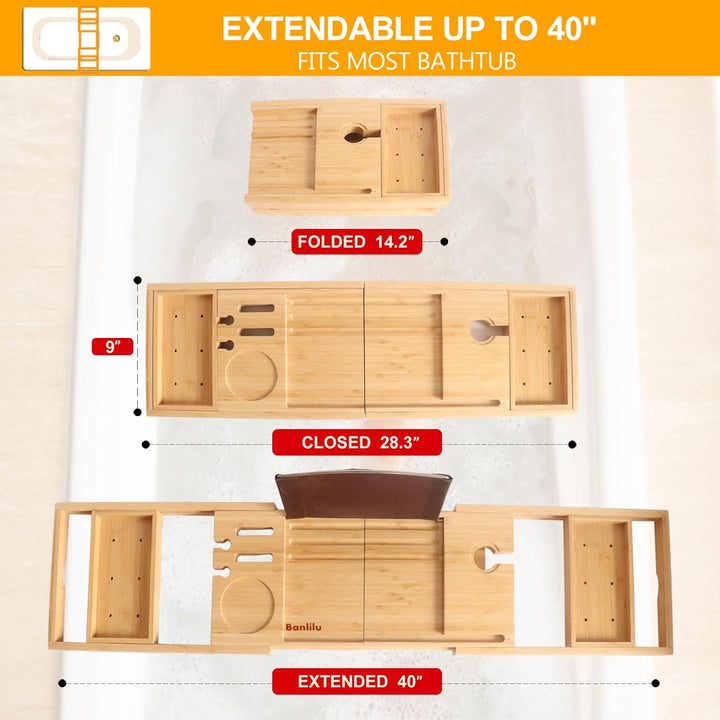 Bath Caddy Tray Expandable - Bath Trays for across the Bath - Bamboo Wooden, Fits Most Bath Tubs