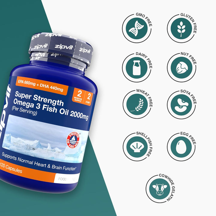 Omega 3 Fish Oil 2000Mg, EPA 660Mg DHA 440Mg per Daily Serving. 120 Capsules (2 Months Supply). Supports Heart, Brain Function and Eye Health. 2 Capsules per Serving
