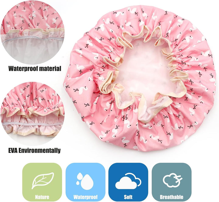 Shower Cap for Women, Elastic Band Waterproof Plastic Shower Cap, Double Layers Reusable with Ruffled Edge Covering Ears for Long, Short and Curly Hair (Pink Bird)