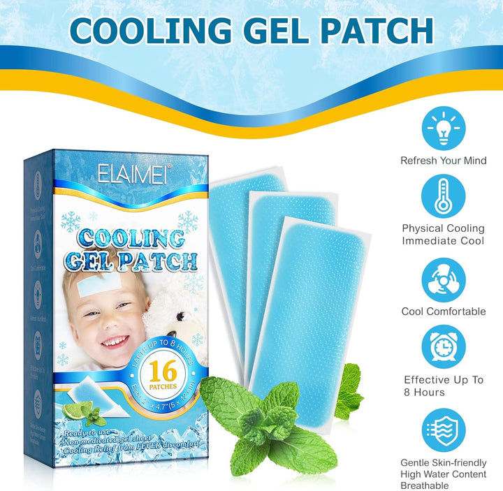 16 Sheets Cooling Fever Patch for Kids,Cooling Forehead Strips Cooling Gel Pads for Baby Children Adult, Forehead Fever Cool Pads