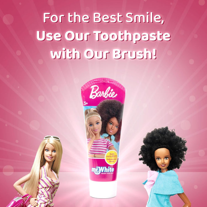 Barbie Little Teeth Toothbrush for Kids with Protection Cap, Soft Rounded Bristles, Comfortable Handle Grip and Suction Cup for Upright Storage for Children Ages 3+