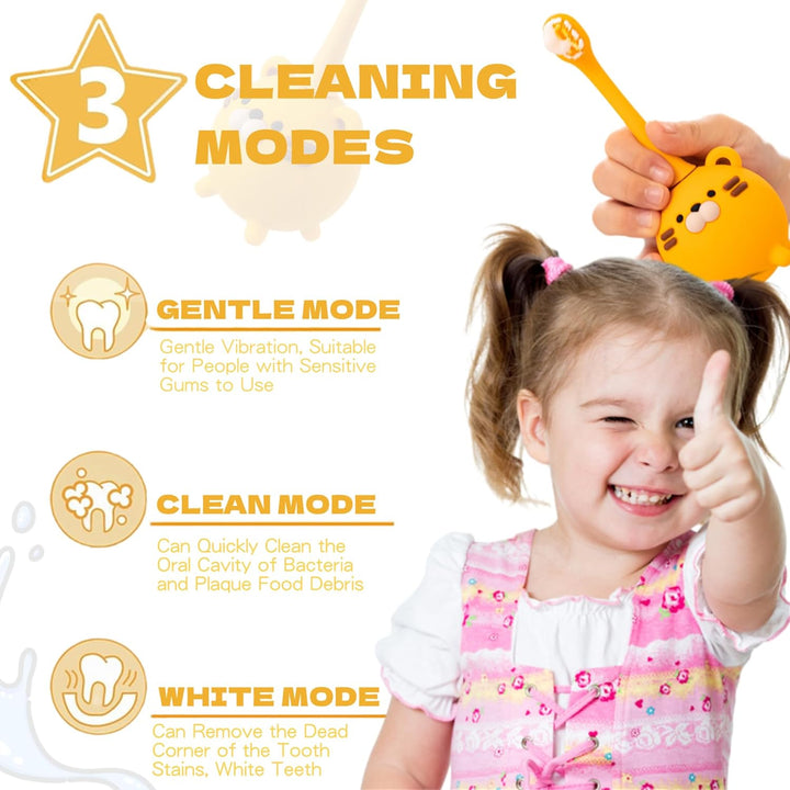 Snoic Rechargeable Kids Electrical Toothbrush with Cup, Smart Powerful Cute Tiger Girls Boys Toothbrushes with 2-Min Timer 3 Modes for 2-10Y Children Birthday Gifts