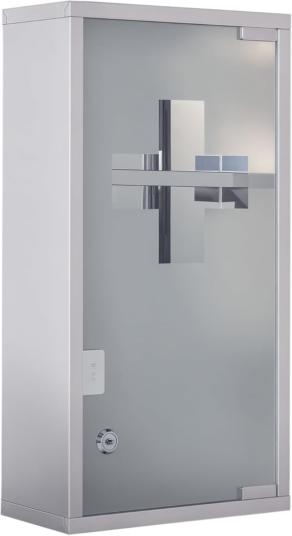Stainless Steel Wall Mounted Medicine Cabinet with 2 Shelves + Security Glass Door Lockable 48 Cm(H)