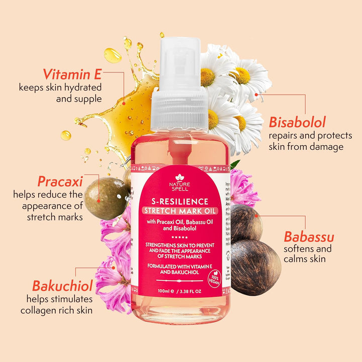 Stretch Mark Body Oil, Strengthens Skin Elasticity & Helps with the Appearance of Stretch Marks and Scars, Infused with Vitamin E, Vegan, 100Ml