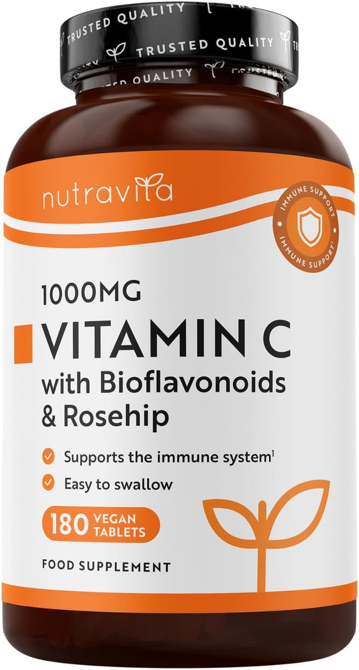 Vitamin C 1000Mg – 180 Premium Vegan & Vegetarian Tablets – 6 Month Supply – High Strength Ascorbic Acid – with Added Bioflavonoids & Rosehip – Normal Immune System – Made in the UK