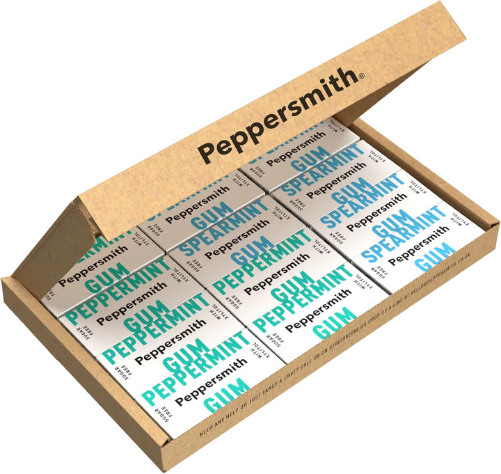 - British Peppermint Chewing Gum - Vegan Friendly - 100% Xylitol Plant Based Sweetener - Fresh Breath - Sugar Free Gum - Benefits Oral Health - Pocket Packs - 12X15G