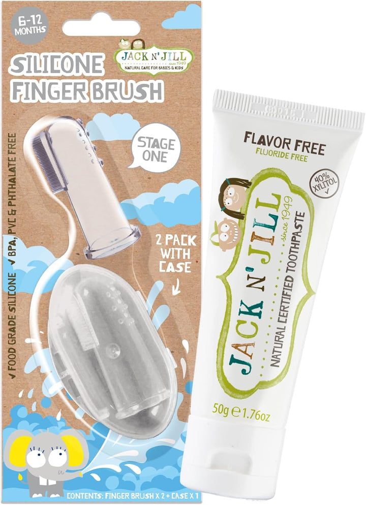 Stage 1 Silicone Toothbrush and Toothpaste for Babies and Toddlers, Natural Unflavored Toothpaste, Bundle - Baby Toothbrush 6-12 Months, Case