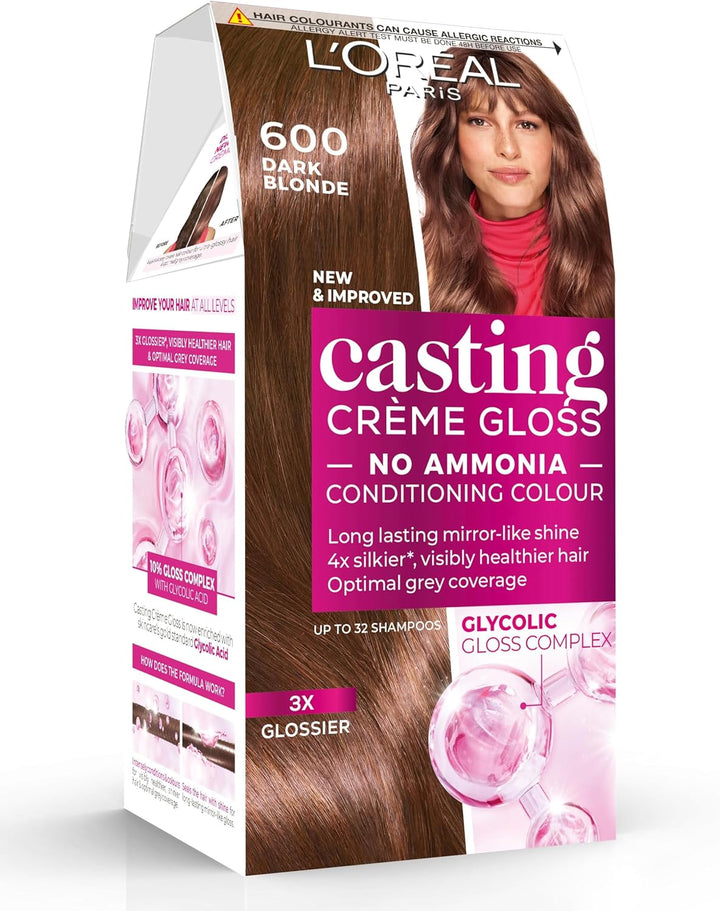 Casting Crème Gloss 600 Dark Blonde: This No-Ammonia, Semi-Permanent Hair Colour Lasts 32 Washes. Enjoy up to 3X Glossier, 4X Silkier, Visibly Healthier Hair with a Luminous Dark Blonde.