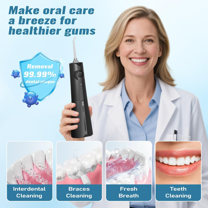 Water Flosser Pick for Teeth & Braces, 300ML Cordless Power Dental Flossers with 8 Jet Tips, Oral Irrigator 5 Use Modes, IPX7 Waterproof, Portable for Home Travel