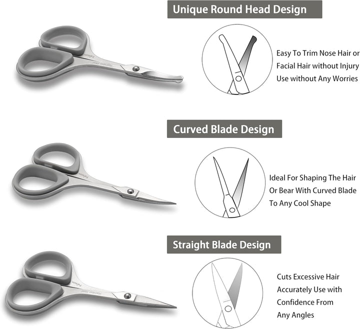 Ultra Sharp Beard Scissor Set, High Precision Straight Curved round Tip Mustache Facial Nose Hair Trimming Tool, Stainless Steel, Safety Case, Premium Leather Pouch