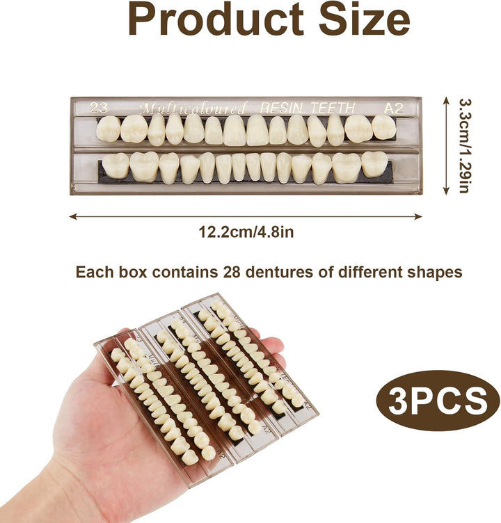 84Pcs False Teeth, Fake Teeth Dental Acrylic Resin Denture, Denture Repair Kit, 23 Shade A2 Upper + Lower Dental Materials for Replacement, for Missing Loose Tooth, 3 Sets, 23 A2