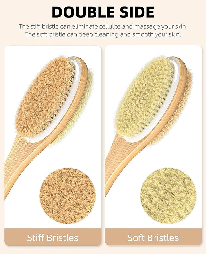 Back Scrubber for Shower, Shower Brush for Exfoliating Skin and a Soft Scrub, Double-Sided Body Brush Head for Wet or Dry Brushing, Long Wooden Handle Cleans the Body Easily