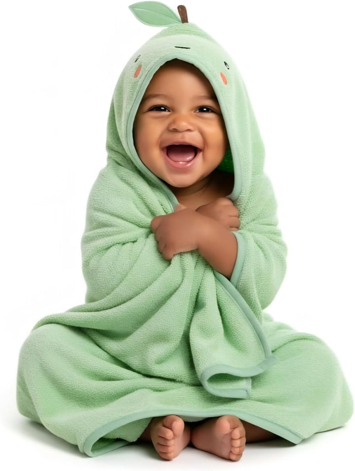 100% Organic Cotton Luxury Baby Hooded Bath Towel, Boy & Girl Gender Neutral Green Apple Fruit Design, Soft & Absorbent Infant Essential, New Parent Gift for Newborn to Toddler 75X75Cm