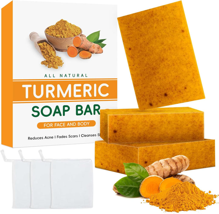 2PCS Turmeric Soap Bar, Natural Handmade Kojic Acid Soap for Face & Body, Dark Spot Acne Blackheads Remover for Even Skin Tone, Moisturizing Erase Fine Lines, Gentle Vitamins C Soaps with Foaming Nets