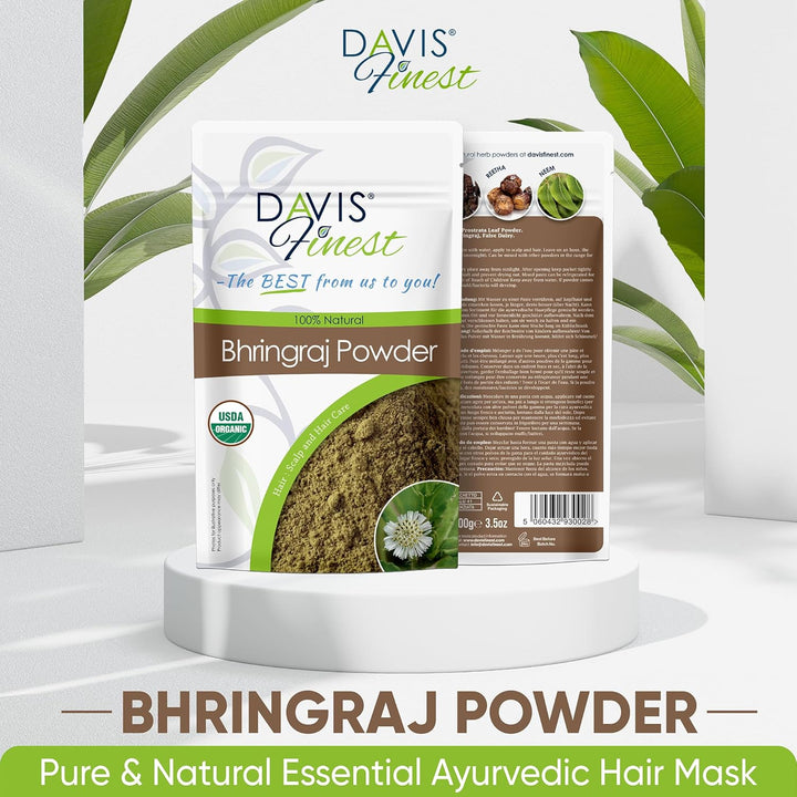 Organic Bhringraj Powder 100G, Healthy Scalp, Hair Growth, Pure & Natural Essential Ayurvedic Hair Mask for Hair Loss, Hair Fall, Split Ends, Damaged Thinning Hair