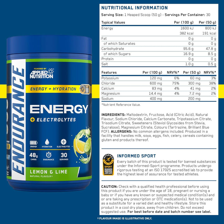 Endurance Energy Drink Powder High in Carbohydrates and Electrolytes Quick Energy for Performance Sports (1.5Kg - 30 Servings) (Lemon & Lime)