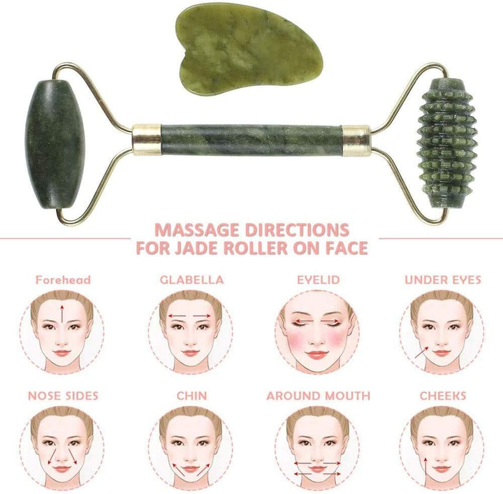【3 Pcs】Jade Roller & Gua Sha Massage Kits,  Natural Anti-Aging Face Roller for Eye Puffiness Treatment, Skin Tightening, Rejuvenate Face & Neck, Natural Green Massager