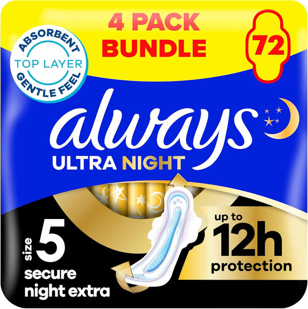 Ultra Sanitary Towels Secure Night Extra (Size 5) with Wings 18 Pads, Super Absorbent and Ultra Thin, for Menstrual Periods, Pack of 4