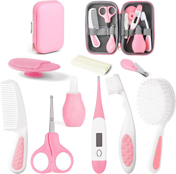 Baby Healthcare and Grooming Kit, Newborn Baby Care Accessories with Hair Brush, Comb, Nail Clippers, Thermometer, for Newborn Girls Boys(14 in 1, Pink)