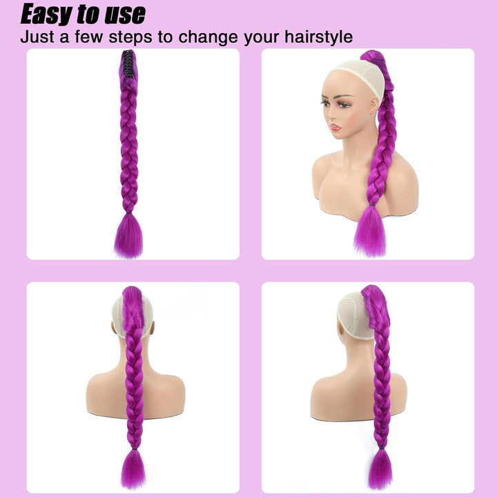 Long Purple Hair Extensions Synthetic Fiber Braid Cosplay Purple Braiding Hair 24 INCH Easy Claw Clip Ponytail Extension for Cosplay Halloween Costume (Purple, 24 Inch)