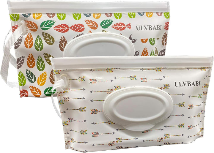 Portable Wet Wipe Pouch Dispenser (2 Pack), Reusable Baby Diaper Disposal Bags, Refillable Personal Travel Clutch Dispenser Holder | Keeps Wet Wipes Moist (Leaf & Arrow Pattern)