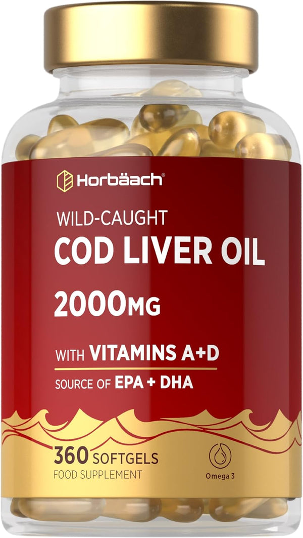 Cod Liver Oil Capsules High Strength | 2000Mg | 360 Count | with Omega 3, Vitamin D and a | with 171Mg of DHA and 151Mg of EPA | Rich in Omega 3 Fatty Acids | by