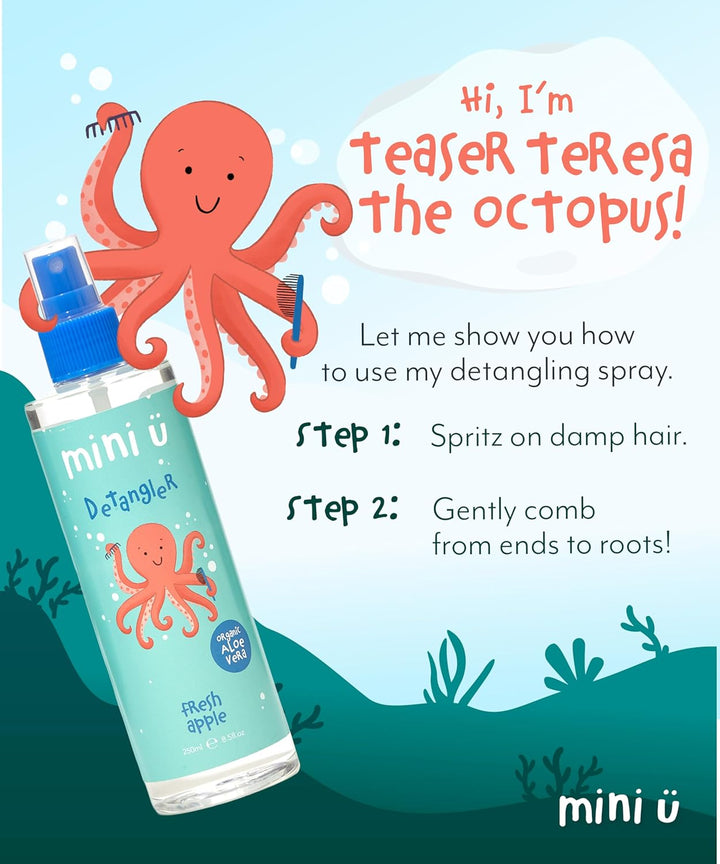 Mini U Kids Detangler Spray with Aloe Vera Juice - Fresh Apple Scented Hair Detangling Spray for Knots & Tangles - Vegan Hair Products for Children - 250 Ml