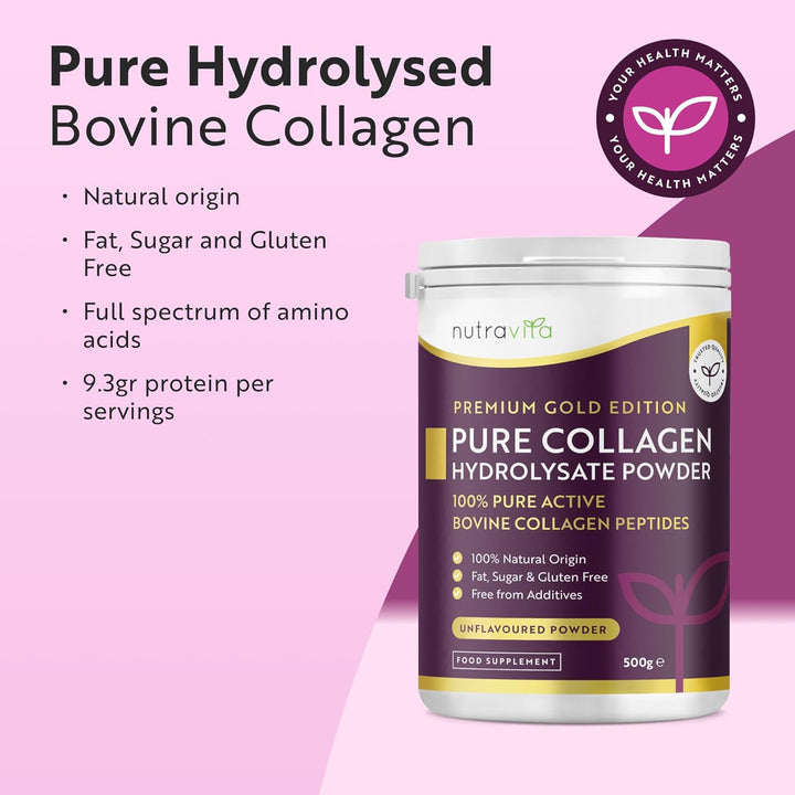 Collagen Powder 500G - Premium Gold Standard Bovine- 50 Servings - Collagen Peptides Supplement with 8 Essential Amino Acids - Made in the UK