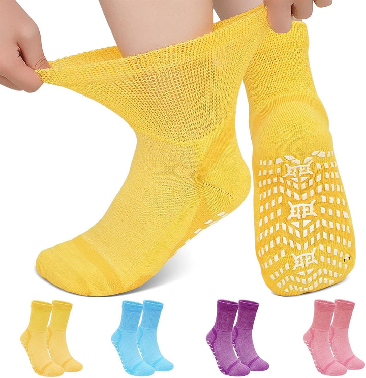Diabetic Socks for Women Men: Bamboo Extra Elastic Non-Slip Slipper Socks with Padded Wide Top Grip Loose Fit & Breathable Seamless for Swollen Feet Elderly Hospital 6-14 4 Pairs