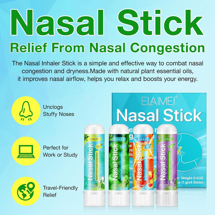 Nasal Stick 4 Pack, Fast Relief from a Stuffy Nose, Enhances Breathing and Boosts Focus, Breathe Vapor Stick Provides Fresh Cooling Sensation, Made with Essential Oils and Menthol