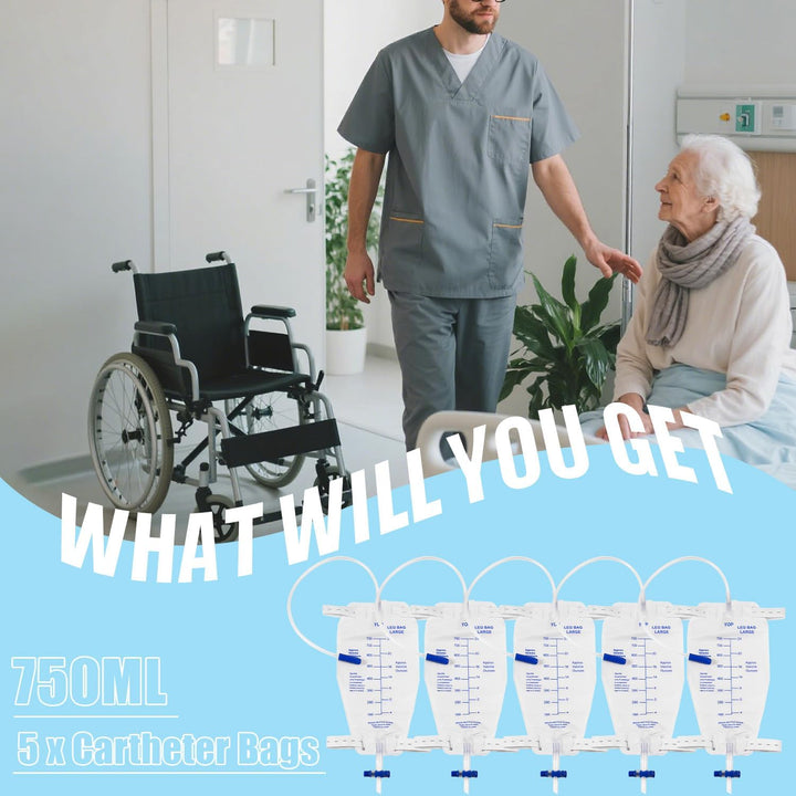 5Pcs 750ML Urinary Drainage Bag, Urine Bag with anti Reflux Chamber, Urine Drainage Bags with T-Tap Valve and 45Cm Tube, Individually Sealed Urinal Night Bags (750, 5)