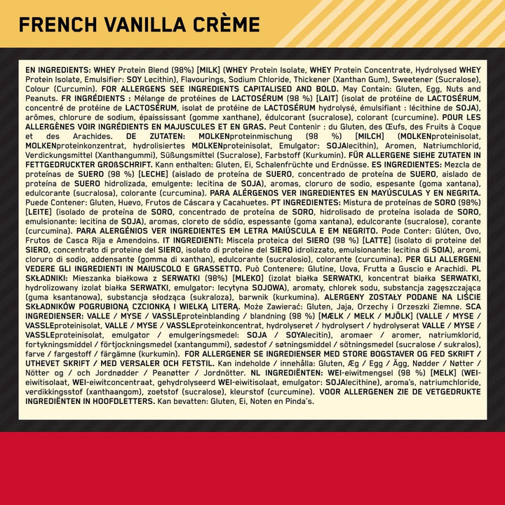 Gold Standard Whey Protein Powder Muscle Building Supplements with Glutamine and Amino Acids, French Vanilla Creme, 30 Servings, 900 G, Packaging May Vary, 891 - 908 G
