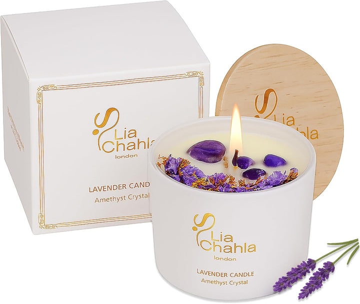 Lavender Soy Candle Gifts for Women | Infused with Amethyst Crystals and Florals | Aromatherapy Spiritual Healing & Anxiety Relief, Christmas Gifts (Lavender/Amethyst, 10 OZ)