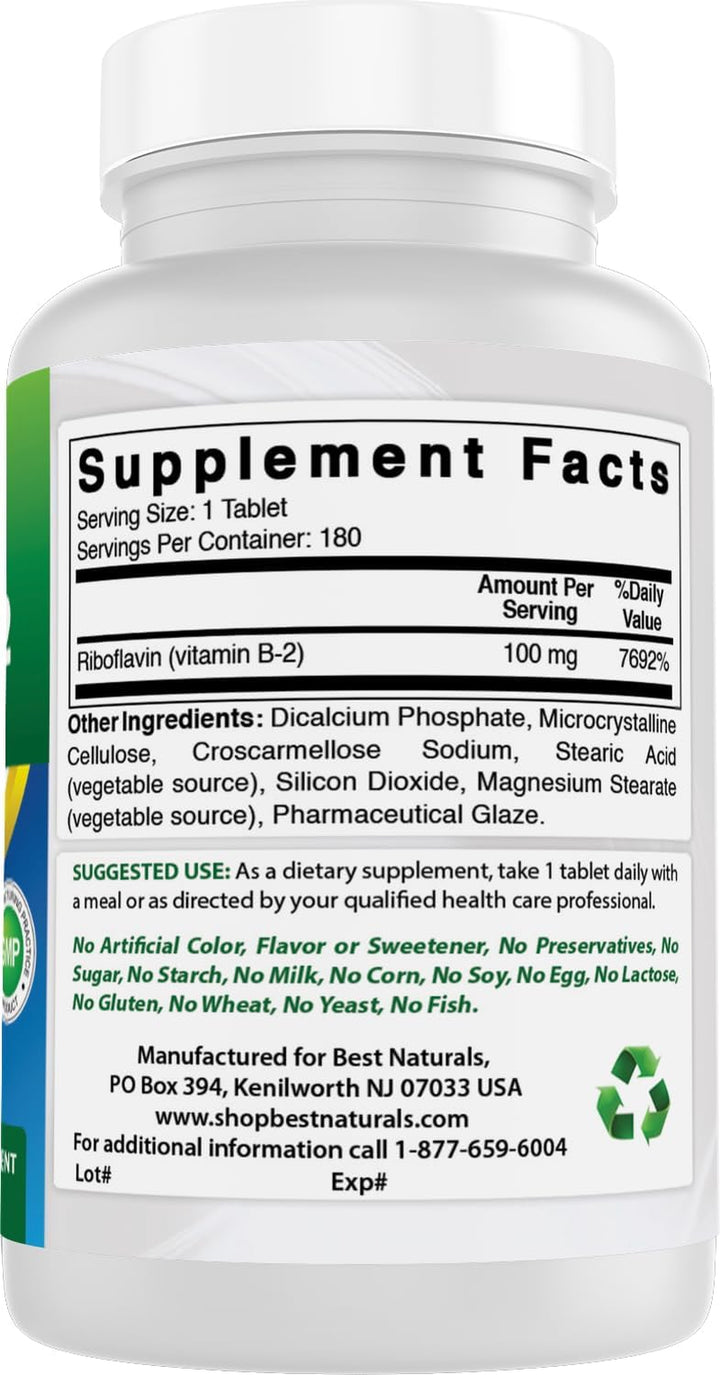 Vitamin B2 Riboflavin 100 Mg 180 Tablets