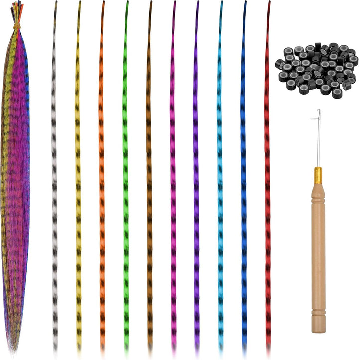 20Pcs Feather Hair Extensions, Colored Hair Extensions Kits, Colorful Hairpieces Feathers, Synthetic Hair Extension Kits with 50 Micro Beads and 1 Crochet Hook for Girls Women