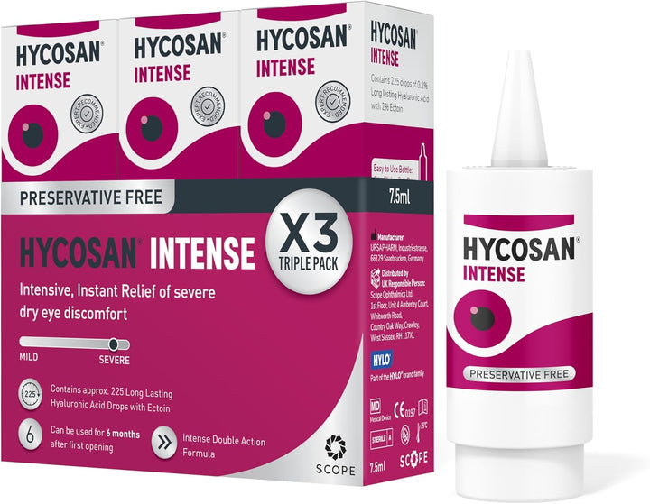 Hycosan Intense - Eye Drops for Long-Lasting, Intensive Lubrication and Instant Relief for Itchy, Burning Sensation and Severe Dry Eyes - Preservative Free - 225 Measured Doses