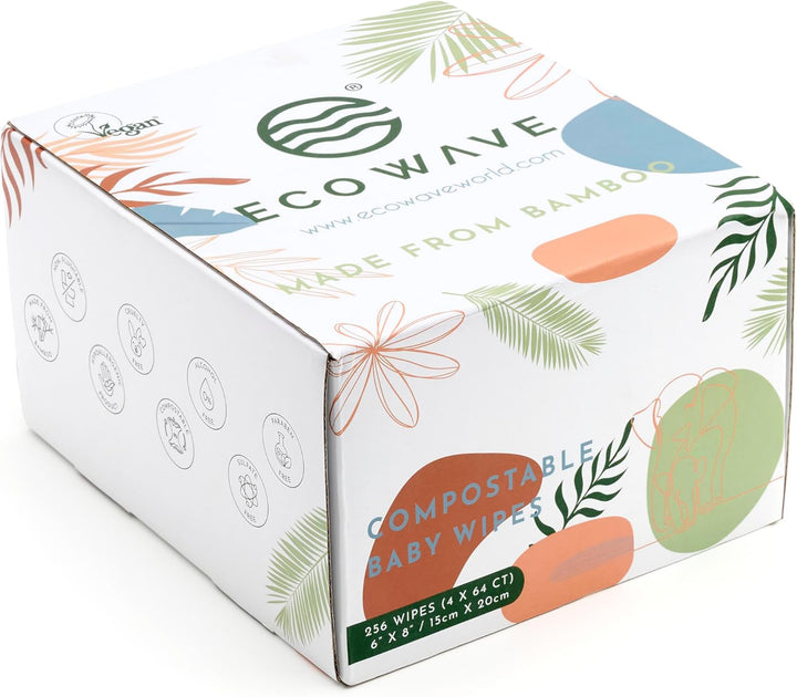 Baby Wipes, 100% Compostable Eco-Friendly Bamboo Wipes, Unscented, Hypoallergenic, Vegan, Alcohol-Free, Suitable for Sensitive Skin (64 Count Pack of 4)