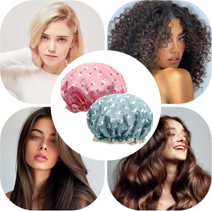 Shower Cap for Women, Elastic Band Waterproof Plastic Shower Cap, Double Layers Reusable with Ruffled Edge Covering Ears for Long, Short and Curly Hair (Pink Bird)