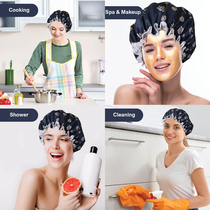 Premium Double Layer Shower Cap for Women with Unique Flower Design- Reusable Shower Cap for Hair - Waterproof Plastic Cap - Shower Caps for Long, Short and Curly Hairs