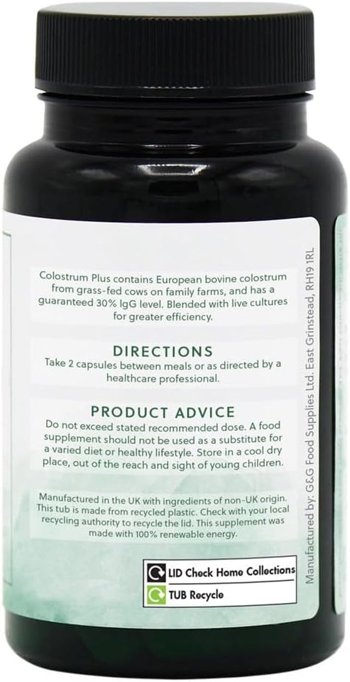 Colostrum plus Capsules - Bovine Colostrum from Grass-Fed Cows - Min 30% Igg Level - 60 Capsules - Non-Gmo, Made in the UK by