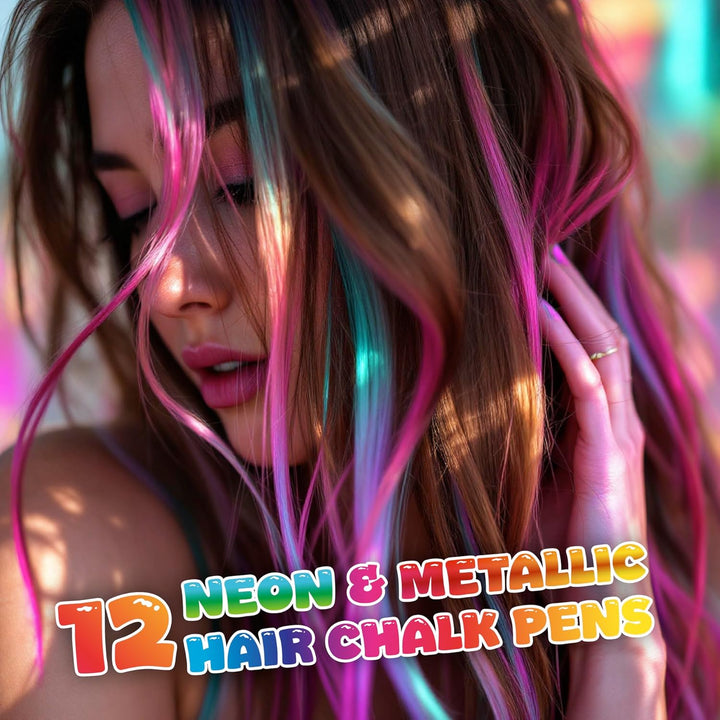12 Hair Chalks, 12 NEON & METALLIC Hair Chalk, Non-Toxic Easy Washable Hair Dye Colourful, METALLIC & NEON Hair Chalk - Perfect for Festivals, Halloween, Parties, Hair Chalks for Girls
