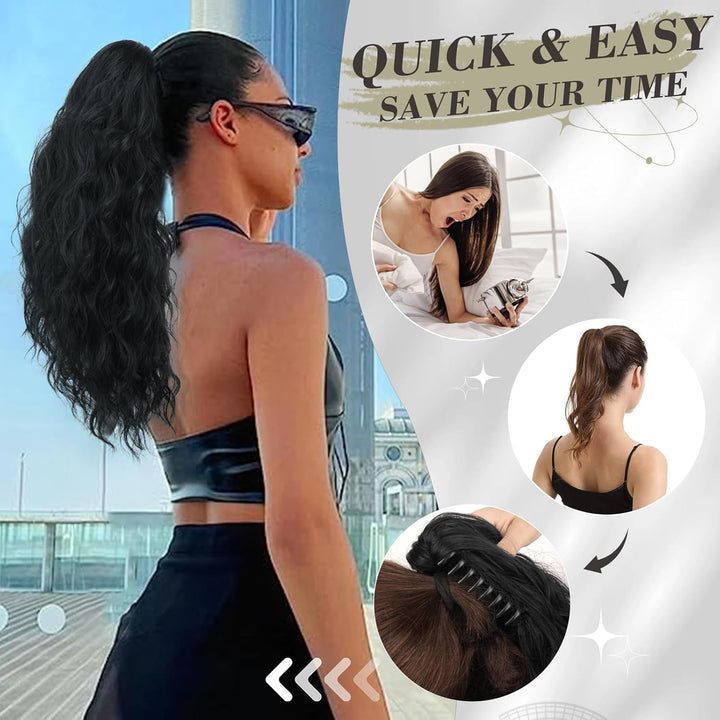 Ponytail Extension, Black Hair Claw Clip in Extensions Long Curly Wavy Hairpieces Drawstring for Natural Soft Synthetic Daily Use Party (18'', Black), 18 Inch