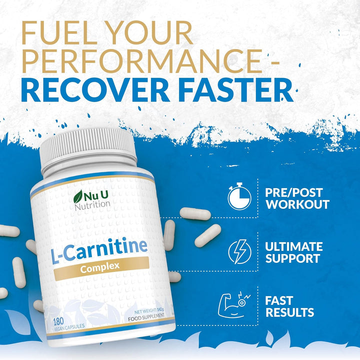 L-Carnitine Tartrate Complex 2200Mg - 180 Vegan Capsules - with Chromium, Riboflavin, Biotin, Vitamin D, B3 & B6 - High Strength L Carnitine Supplement - Made in the UK -