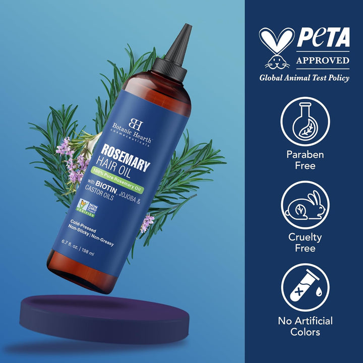 100% Pure Rosemary Oil for Hair Growth Infused with Biotin | Hair Strenghtening Treatment | Nourishing & Volumizing | with Jojoba Oil & Castor Oil | Non GMO Verified | 6.7 Fl Oz