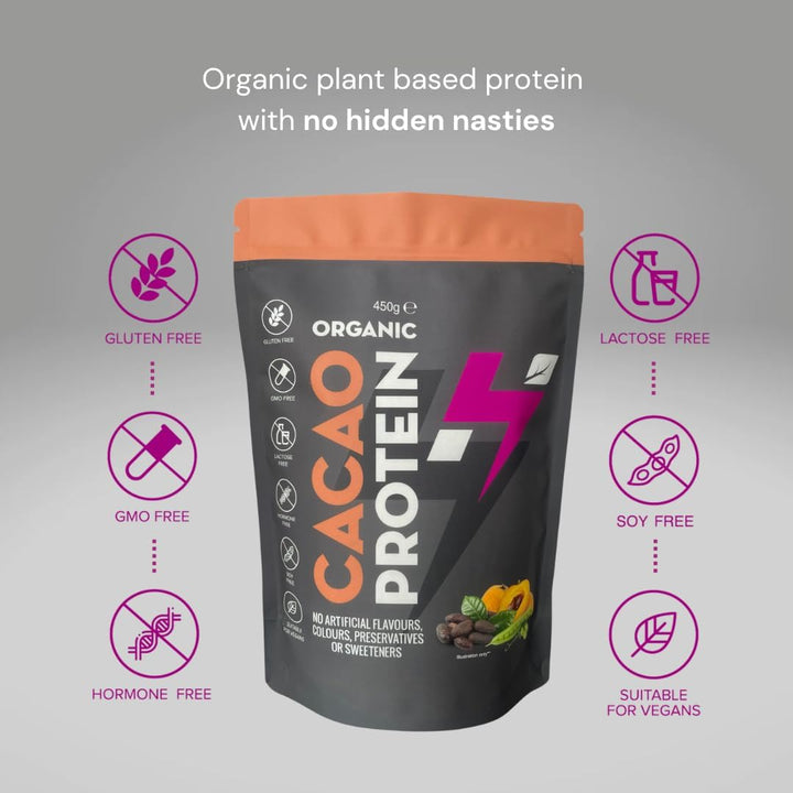 Organic Protein Powder - Cacao Vegan Protein Powder (450G - 15 Servings) Natural Powdered Ingredients, No Artificial Sweeteners, Dairy, Gluten, Soy Free, Pea Protein