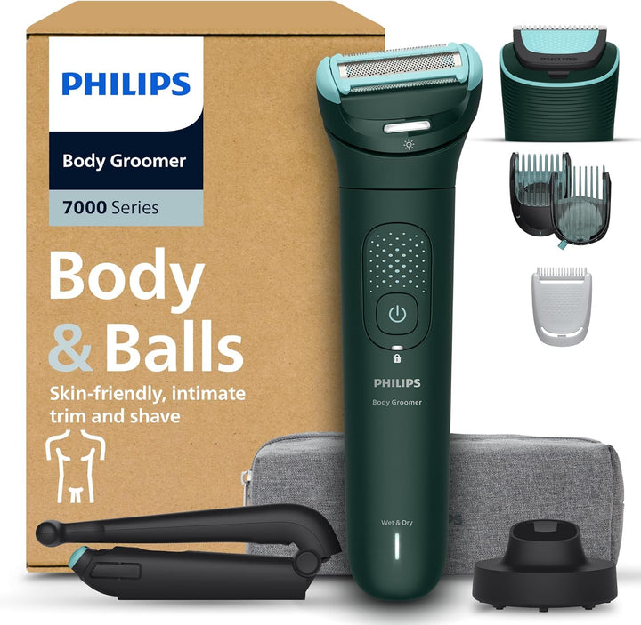 Body Groomer 7000 Series - Trimmer for Men with 2D Flexing Head, Triple Protect Shave System, Interchangeable Heads, Intimate Trim & Shave, 100% Showerproof, 120 Min. Runtime, Model BG7480/15