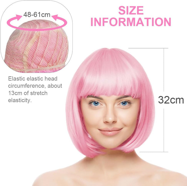 Pink/B Short Bob Wig for Women, 3 PCS, Synthetic Straight Wig, Heat Resistant, Modern Style, Perfect for Cosplay, Parties & Everyday Use