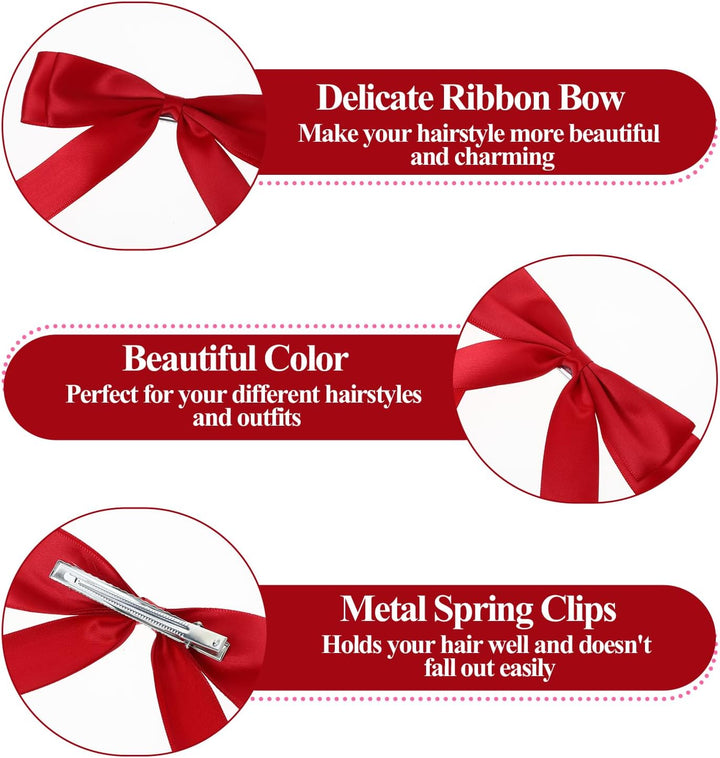 2 Pcs Red Hair Bow, Satin Bows Red Hair Ties, Large Double Satin Ribbon Hair Clips Red Accessories for Holiday Party Women Girls Ponytail Holder