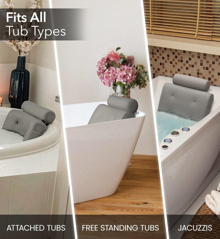 Bath Pillow – Bath Cushion for Head and Neck Support – Quick Dry Waterproof Mesh – Luxury Bath Accessories with Suction Cups – Bath Pillows for Head and Neck – Grey